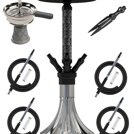 NOBLE HOOKAH ūdenspīpes komplekts ar 4 savienojumiem un ādas apdari, ūdenspīpes galviņa XL, ūdenspīpes galviņa 4, izgatavota no alumīnija caurules, aprīkota ar 4 silikona šļūtenēm un rokturi.