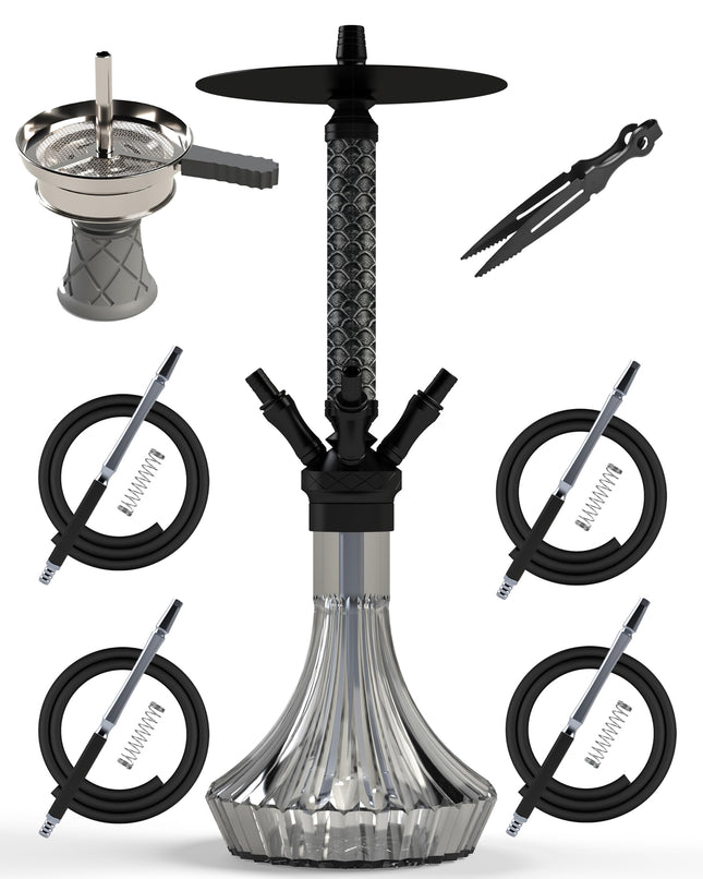 NOBLE HOOKAH ūdenspīpes komplekts ar 4 savienojumiem un ādas apdari, ūdenspīpes galviņa XL, ūdenspīpes galviņa 4, izgatavota no alumīnija caurules, aprīkota ar 4 silikona šļūtenēm un rokturi.