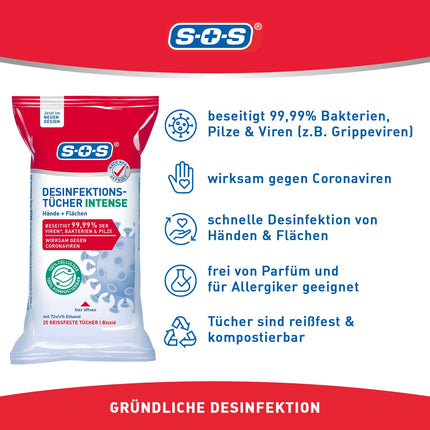 SOS dezinfekcijas salvetes INTENSE rokām + virsmām | bioloģiski noārdāms | iznīcina 99,99% baktēriju, sēnīšu un vīrusu* (piemēram, herpes, gripas un norovīrusus) | 10x25