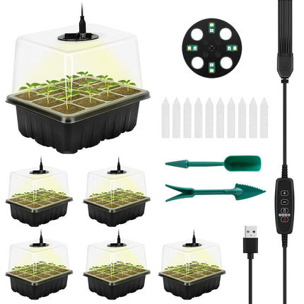 RIOGOO 6 sēklu sākuma paplātes iepakojums ar augšanas lampu, sēklu sākuma komplekts ar regulējamu spilgtumu un mitrumu, siltumnīcas diedzēšanas komplekts (12 x 6,72 šūnas)