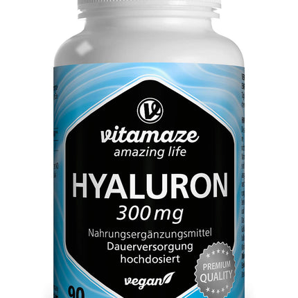Augstas devas hialuronskābes kapsulas, 300 mg vienā kapsulā, vegānas, 3 mēnešu nepārtraukta piegāde, augsta biopieejamība: zema molekulmasa 500–700 kDa, uztura bagātinātājs bez piedevām, ražots Vācijā