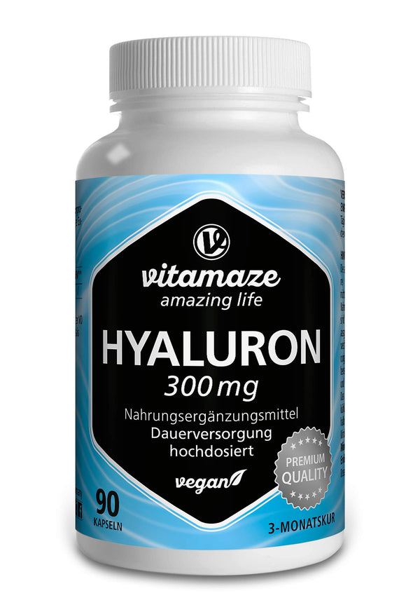 Augstas devas hialuronskābes kapsulas, 300 mg vienā kapsulā, vegānas, 3 mēnešu nepārtraukta piegāde, augsta biopieejamība: zema molekulmasa 500–700 kDa, uztura bagātinātājs bez piedevām, ražots Vācijā