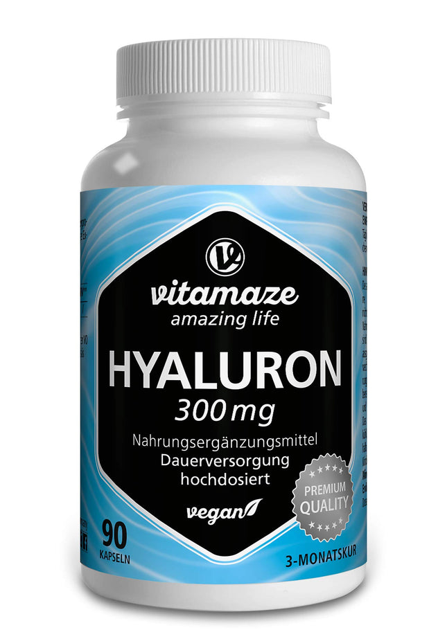 Augstas devas hialuronskābes kapsulas, 300 mg vienā kapsulā, vegānas, 3 mēnešu nepārtraukta piegāde, augsta biopieejamība: zema molekulmasa 500–700 kDa, uztura bagātinātājs bez piedevām, ražots Vācijā