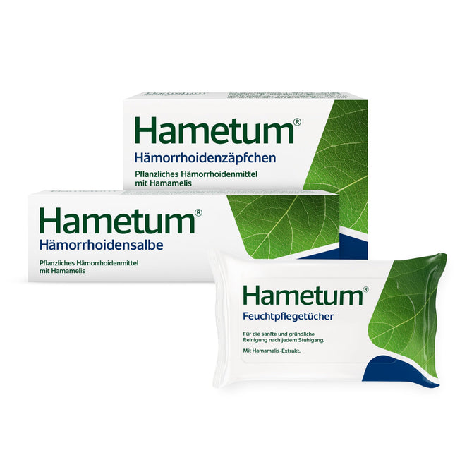 Hametuma hemoroīdu komplekts | 25 g ziede | 10 svecītes un mitrās salvetes | augu izcelsmes zāles ar burvju lazdu | pretiekaisuma līdzeklis | mazina niezi un dedzināšanu | labi panesams