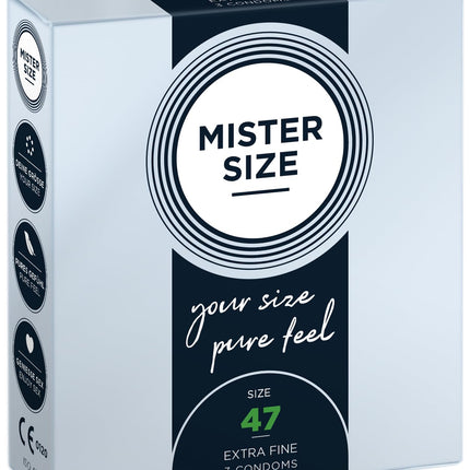 MISTER SIZE prezervatīvi – īpaši plāni un ultraplāni – reālistiska sajūta un īpaši mitri – ideāli pieguļ – izgatavoti no dabīgā kaučuka lateksa dabiskai sajūtai un maksimālai drošībai (3 gab. iepakojumā, 47 mm)