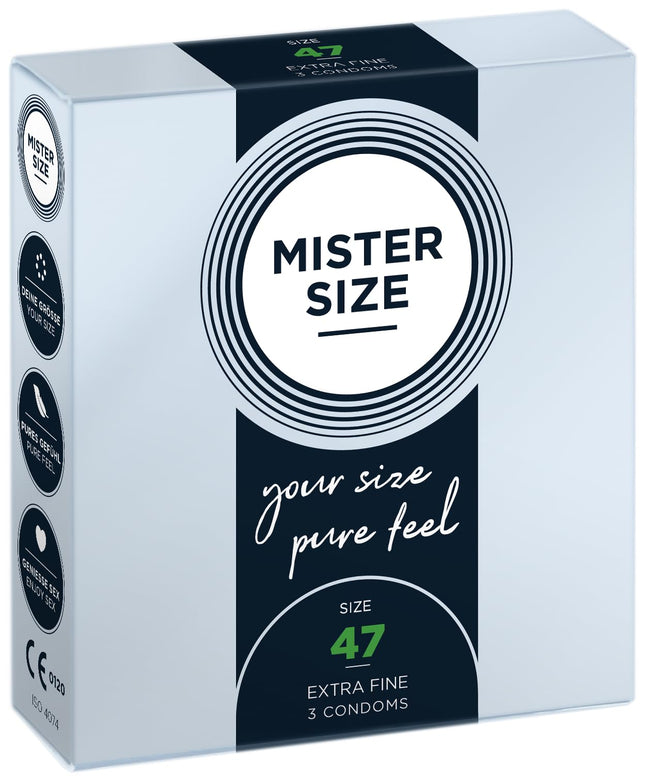 MISTER SIZE prezervatīvi – īpaši plāni un ultraplāni – reālistiska sajūta un īpaši mitri – ideāli pieguļ – izgatavoti no dabīgā kaučuka lateksa dabiskai sajūtai un maksimālai drošībai (3 gab. iepakojumā, 47 mm)