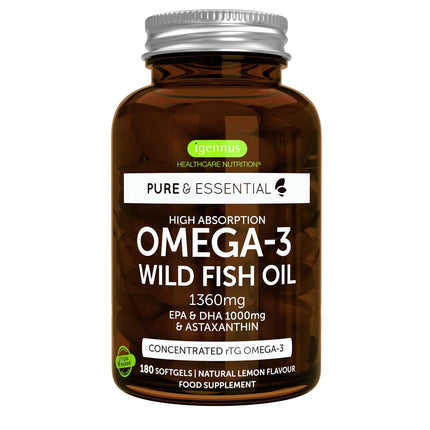 Igennus augstākās kvalitātes Omega-3 savvaļas zivju eļļa un astaksantīns, triglicerīdu forma rTG, 1360 mg, EPA 670 mg un DHA 330 mg Omega-3 taukskābes, īpaši tīras; bez vides toksīniem, citronu garša, 180 mīkstās kapsulas