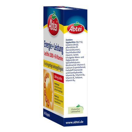 Abtei Energy + Performance – 2000 mg lecitīna + 7 B vitamīni – augsta deva – uztura bagātinātājs koncentrēšanās un garīgās veiktspējas uzlabošanai – 1 x 40 kapsulas