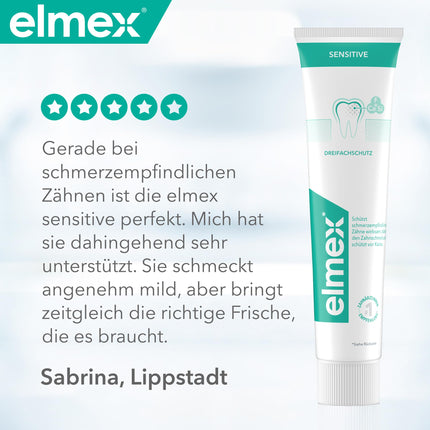 elmex Sensitive zobu pasta 2x75ml – maiga zobu tīrīšana un aizsardzība jutīgiem zobiem – klīniski pierādīta stipru zobu uzturēšanai un aizsardzībai pret kariesu