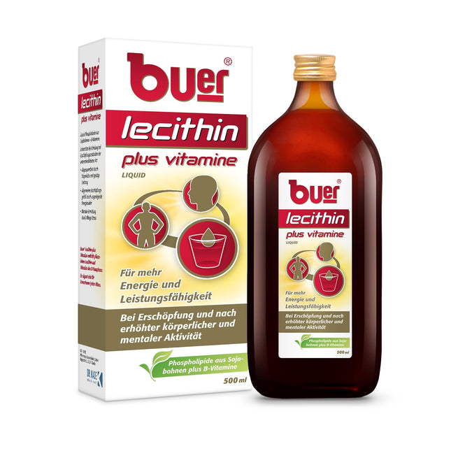 Buer Lecithin plus Vitamins: Sojas lecitīna šķidrums ar B2, B6, B12, B3 un B5 vitamīniem lielākai enerģijai un sniegumam, 500 ml