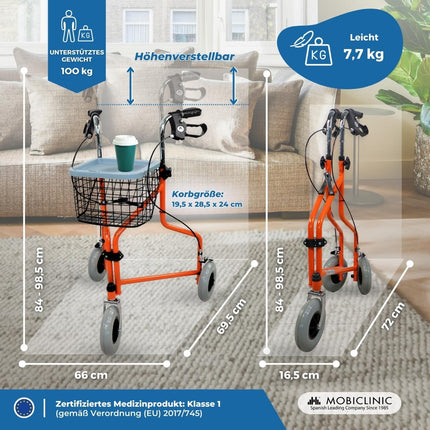 Mobiclinic, Caleta modelis, Rollators, Staigulīši senioriem un cilvēkiem ar invaliditāti, Ar 3 riteņiem, Salokāms staigāšanas palīglīdzeklis, Tērauds, Regulējams, Grozs, Pārnēsāšanas soma, Bremzes uz svirām, Oranžs