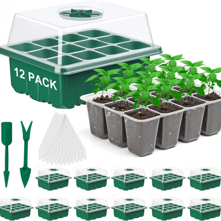 Feizeisun sēklu sākuma paplātes, 12 iepakojums, 144 šūnas, sēklu sākuma paplātes, augu diedzēšanas komplekts ar caurspīdīgiem vākiem/regulējamu logu siltumnīcai un dārziem, zaļas