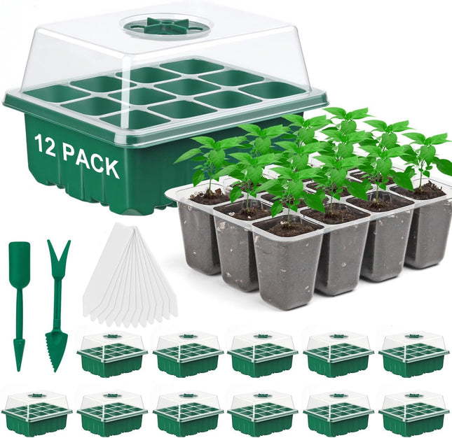 Feizeisun sēklu sākuma paplātes, 12 iepakojums, 144 šūnas, sēklu sākuma paplātes, augu diedzēšanas komplekts ar caurspīdīgiem vākiem/regulējamu logu siltumnīcai un dārziem, zaļas
