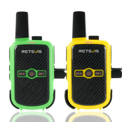 Retevis RT15 rācija pieaugušajiem, PMR446 divvirzienu rācijas, brīvroku VOX, mini, 1000 mAh litija jonu akumulators, rācija kempingam, skolai, mājas spēlēm, atvaļinājumam (zaļa un dzeltena, 1 pāris)