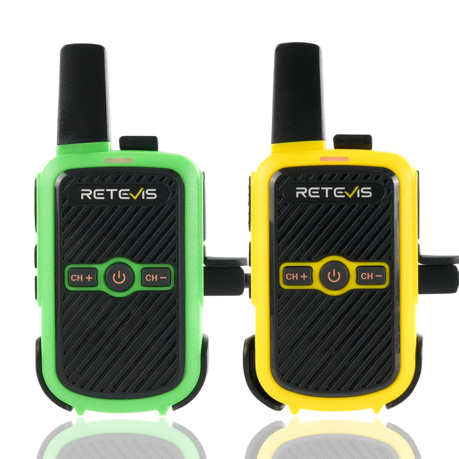Retevis RT15 rācija pieaugušajiem, PMR446 divvirzienu rācijas, brīvroku VOX, mini, 1000 mAh litija jonu akumulators, rācija kempingam, skolai, mājas spēlēm, atvaļinājumam (zaļa un dzeltena, 1 pāris)