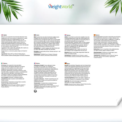 Biotīna tabletes — 12 000 mcg vienā tabletē — Biotīns veicina normālu matu uzturēšanu (EFSA) — 365 vegāniskas tabletes — 1 gada krājums — Bez magnija stearāta — B7 vitamīns — WeightWorld