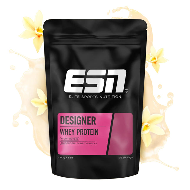 ESN Designer sūkalu proteīna pulveris, vaniļas, 1 kg, līdz 23 g proteīna vienā porcijā, ideāli piemērots muskuļu veidošanai un uzturēšanai - ražots Vācijā
