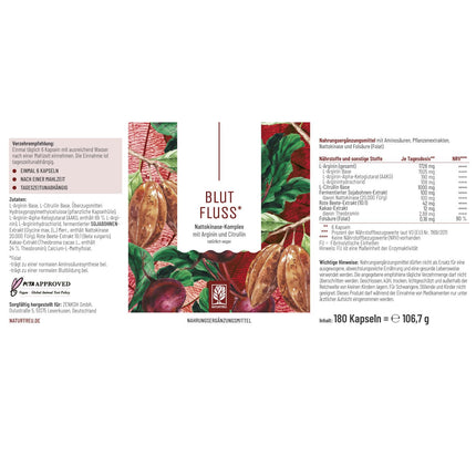 NATURTREU® Blood Flow augstas devas L-arginīna kapsulas ar citrulīnu – augstākās kvalitātes L-arginīna bāzes komplekss, L-arginīns (AAKG), L-arginīna HCl – 180 vegānas kapsulas, ražotas Vācijā un laboratorijā pārbaudītas