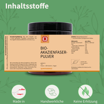 Quintessence Acacia Fiber Powder Organic 360g - vegāns, tīri dabīgs un bez piedevām, akācijas šķiedra ar 80% šķiedrvielu saturu, ļoti labi šķīstošs, ražots Austrijā