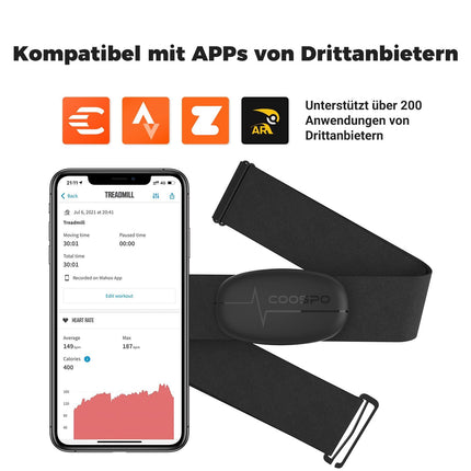 COOSPO H6M sirdsdarbības ātruma monitors ar krūšu siksnu, Bluetooth ANT+ savienojamība, sirdsdarbības ātruma sensors, EKG mērīšana, IP67 ūdensizturīgs, saderīgs ar Wahoo, Elite HRV, Rouvy, Adidas Run, Kinomap, Pulsoid