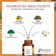 Wohlenzym enzīmu komplekss ar 800 mg bromelaīna (5000 FIP), papaīnu, rutīnu - ananāsu un papaijas vegānisks enzīms - imūnsistēmas* atbalsts - kuņģa sulu izturīgas kapsulas no NATURTREU®