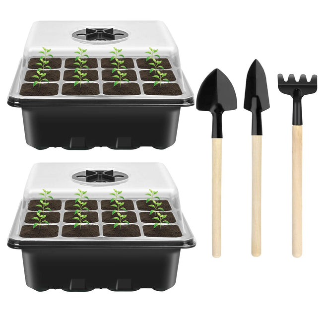 2 daļu iekštelpu siltumnīcu kultivēšanas komplekts, mini siltumnīcu kultivēšanas komplekts, kultivēšanas paplāte ar vāku, plastmasas kultivēšanas paplātes ar 3 maziem dārza instrumentiem, 12 caurumi, ideāli piemērotas sēklu dīgšanai un augu augšanai