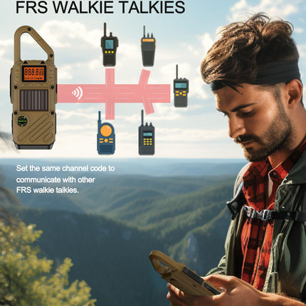 Rācija pieaugušajiem, darbības rādiuss 10 km - 2 gabalu komplekts ar SOS trauksmi, LED lukturīti un FM radio - 3 uzlādes veidi: saules, rokas, USB - avārijas radio piedzīvojumiem brīvā dabā