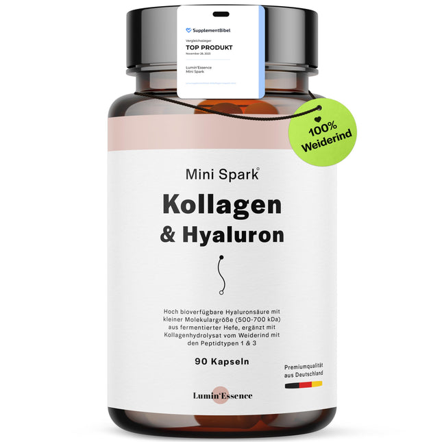 Mini Spark kolagēna hialuronskābes komplekss | 90 kapsulas | 900 g bioaktīva kolagēna ar 220 g hialuronskābes vienā dienas devā | Laboratorijā pārbaudīts un apstrādāts Vācijā
