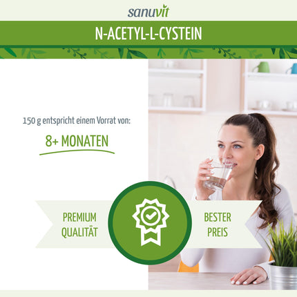 Sanuvit® - NAC pulveris | 150 g iepakojumā | 6 mēnešu krājumi | N-acetil-L-cisteīns ​​| Augsta biopieejamība un panesamība | Vegāns | Ražots Austrijā