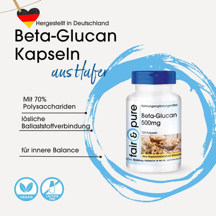 Fair &amp; Pure® - Beta-glikāna kapsulas 500 mg no auzām - 120 kapsulas - vegānas - dabīgas - bez magnija stearāta