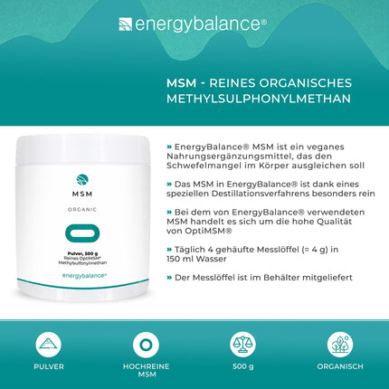 EnergyBalance OptiMSM - 100% tīrs pulveris, augsta deva, dabīgs, metilsulfonilmetāns - bez cukura, bez piedevām - Šveices kvalitāte - 500 g
