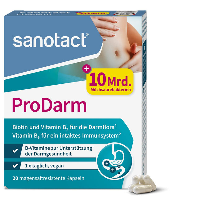 sanotact ProDarm (20 kapsulas) • 10 miljardi pienskābes kultūru + 3 baktēriju celmi zarnu attīrīšanai • Baktēriju kultūras kā zarnu attīrīšanas līdzeklis • Ar B6, B2 vitamīniem + biotīnu • Probiotiska zarnu attīrīšana