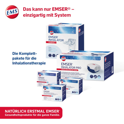 EMSER inhalācijas šķīdums hipertonisks 4%: šķīdums ar dabīgo Emser sāli inhalācijām ar nebulizatoriem, piem. bronhīta gadījumā 20 lietošanai gatavas ampulas pa 5 ml katrā