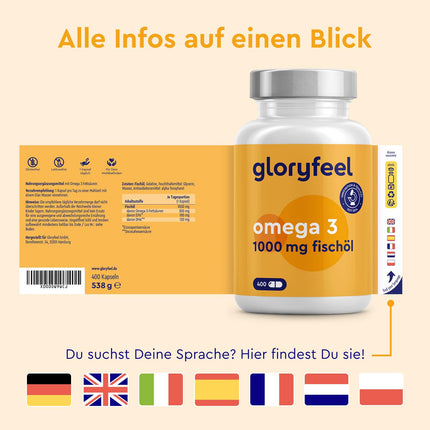 Omega 3 400 kapsulas (+1 gads) - 1000 mg zivju eļļas vienā kapsulā - Neaizvietojamās Omega 3 taukskābes ar EPA un DHA - Ilgtspējīga zveja, laboratorijā pārbaudīta, ražota Vācijā bez piedevām