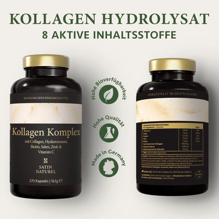 Satin Naturel hialurona kolagēna komplekss - 270 augstas devas kapsulas - bagātināts ar biotīnu, selēnu, cinku, C vitamīnu un bambusa ekstraktu ādai, matiem un nagiem - ražots Vācijā