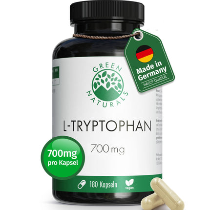 L-triptofāns — augsta deva: 700 mg kapsulā — 6 mēnešu krājumi (180 kapsulas) — vegāns un bez piedevām — aptiekas kvalitāte — Green Naturals®