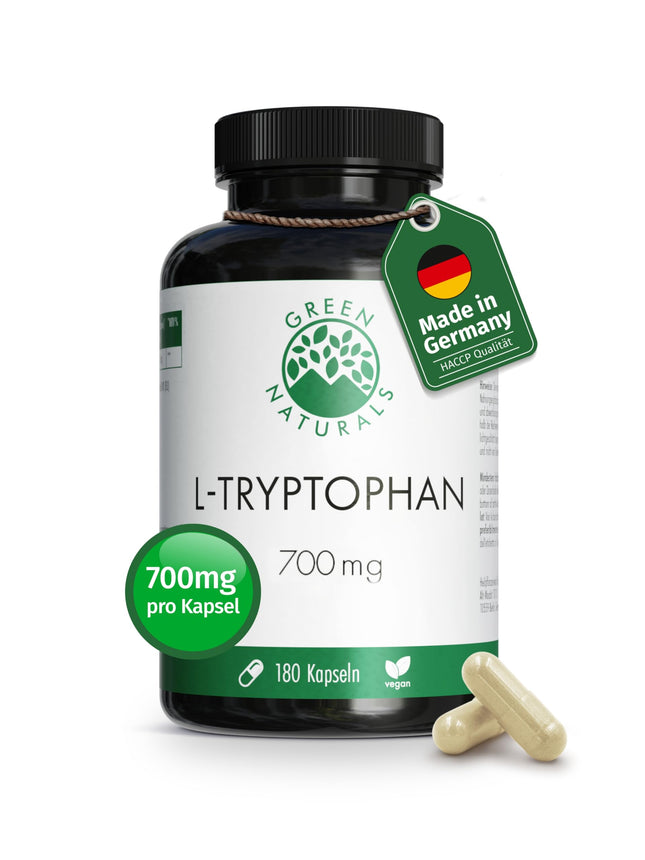 L-triptofāns — augsta deva: 700 mg kapsulā — 6 mēnešu krājumi (180 kapsulas) — vegāns un bez piedevām — aptiekas kvalitāte — Green Naturals®