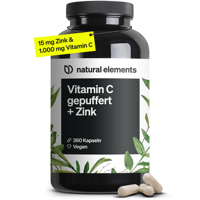 C vitamīns - 360 kapsulas - Augsta deva ar 1000 mg + 15 mg cinka - Augu fermentēts un buferēts (pH neitrāls, bez skābes, saudzīgs kuņģim) - Laboratorijā pārbaudīts, vegāns un ražots Vācijā