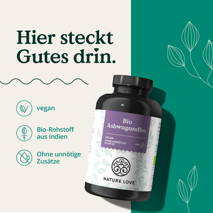 NATURE LOVE® Bioloģiskā ašvaganda - 240 kapsulas - Augsti koncentrēta ar 1950 mg dienas devā - Augstas kvalitātes Indijas ašvaganda - Laboratorijā pārbaudīta, vegāna, ražota Vācijā