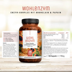 Wohlenzym enzīmu komplekss ar 800 mg bromelaīna (5000 FIP), papaīnu, rutīnu - ananāsu un papaijas vegānisks enzīms - imūnsistēmas* atbalsts - kuņģa sulu izturīgas kapsulas no NATURTREU®