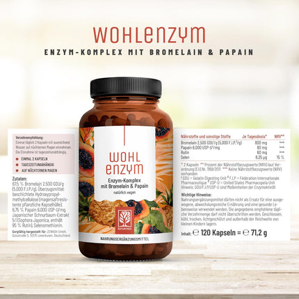 Wohlenzym enzīmu komplekss ar 800 mg bromelaīna (5000 FIP), papaīnu, rutīnu - ananāsu un papaijas vegānisks enzīms - imūnsistēmas* atbalsts - kuņģa sulu izturīgas kapsulas no NATURTREU®