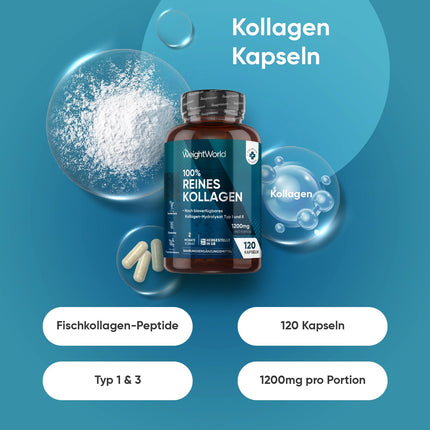 Kolagēna kapsulas - 1200 mg tīra jūras kolagēna I un III tipa - hidrolizēti zivju kolagēna peptīdi - 120 kapsulas 2 mēnešu krājumam - alternatīva pulverim - WeightWorld