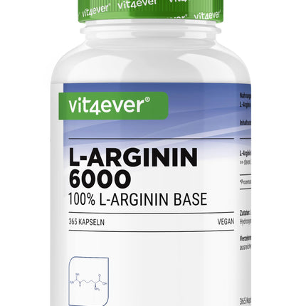 L-arginīns - 365 kapsulas - 6000 mg tīra L-arginīna vienā dienas devā - Ražots augu fermentācijas ceļā - Augsta deva - Bez piedevām - Vegāns