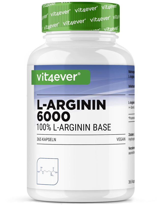 L-arginīns - 365 kapsulas - 6000 mg tīra L-arginīna vienā dienas devā - Ražots augu fermentācijas ceļā - Augsta deva - Bez piedevām - Vegāns
