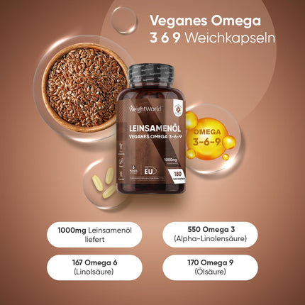 Omega 3 6 9 mīkstās kapsulas - no linsēklu eļļas - 180 vegānas mīkstās kapsulas - 1000 mg vienā mīkstajā kapsulā - alternatīva aļģu eļļai - alfa linolēnskābe, linolskābe, oleīnskābe - linsēklu eļļa - WeightWorld