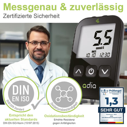 Adia asins glikozes mērītājs (mmol) ar 60 asins glikozes testa strēmelītēm, 10 lancetēm, 1 lancetes ierīci, 1 maciņu, vērtību komplektu asins glikozes paškontrolei diabēta gadījumā