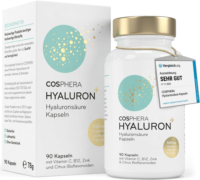 Hialuronskābes kapsulas ar augstu devu – 500 mg vienā kapsulā – 90 vegāniskas hialuronskābes kapsulas 3 mēnešu krājumā – 500–700 kDa I Bagātināts ar cinku, lai veicinātu normālas ādas un kaulu veselības uzturēšanu.