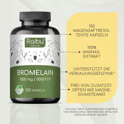 Bromelaīna augstas devas kapsulas | 1000 mg dienā | 150 kuņģa sulu izturīgas kapsulas | Dabīgs ananāsu ekstrakts | Ražots un laboratorijā pārbaudīts Vācijā
