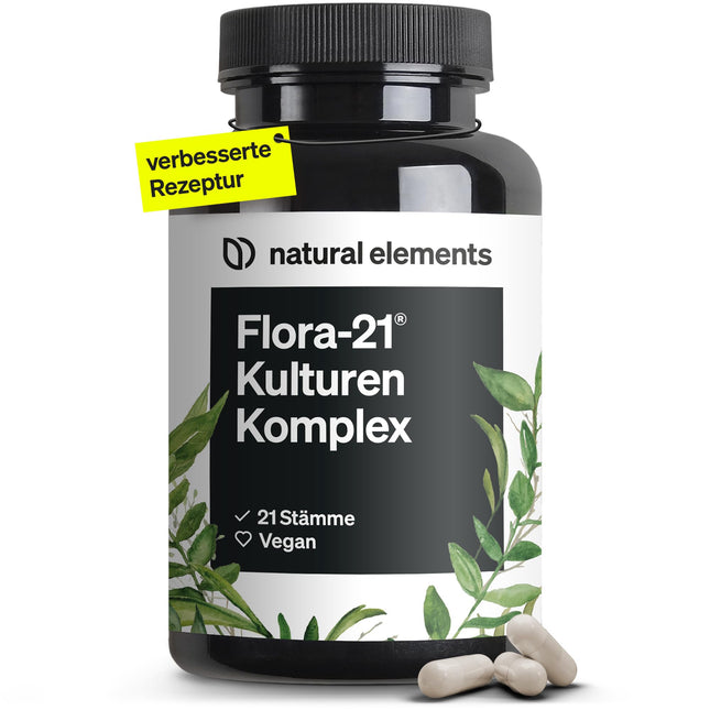Flora 21® kultūru komplekss – 21 baktēriju celms + organiskais inulīns – 180 kuņģa sulu izturīgas kapsulas – Laboratorijā pārbaudītas, vegānas, ar augstu devu un ražotas Vācijā