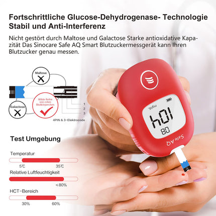 Sinocare asins glikozes mērītājs, mg/dL, asins glikozes mērītāja komplekts ar testa strēmelēm x25, diabēta pašpārbaudes komplekts, pārnēsājams ceļojumiem (Safe AQ smart)
